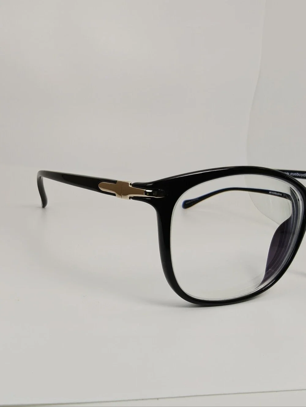 Nola. Classic Black Women's Eyeglass Frames. Gold Shield At Temple Corners.